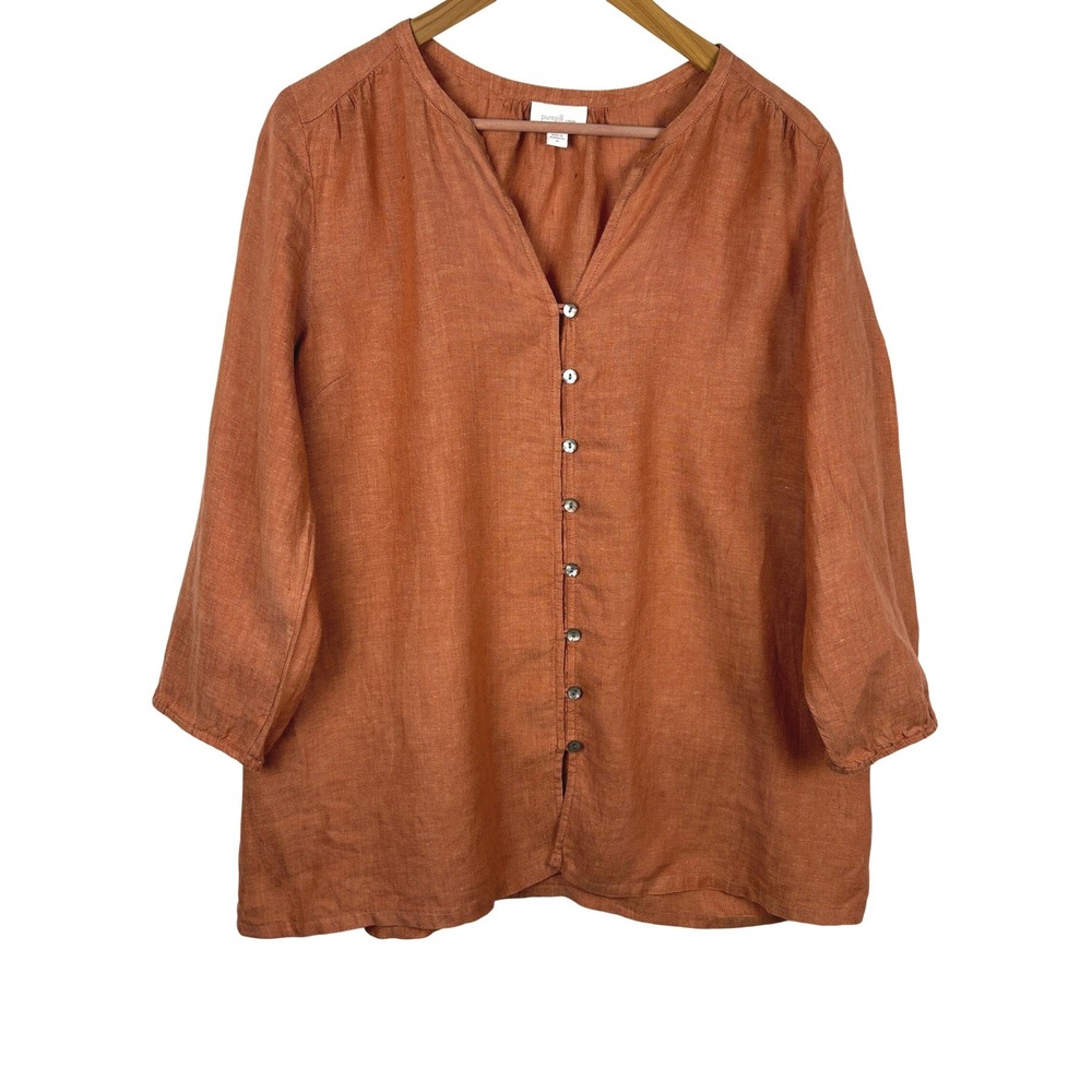 Pure Jill Linen Women ¾ sleeve Linen Peasant Blouse Top Sz M Oversize Lagenlook